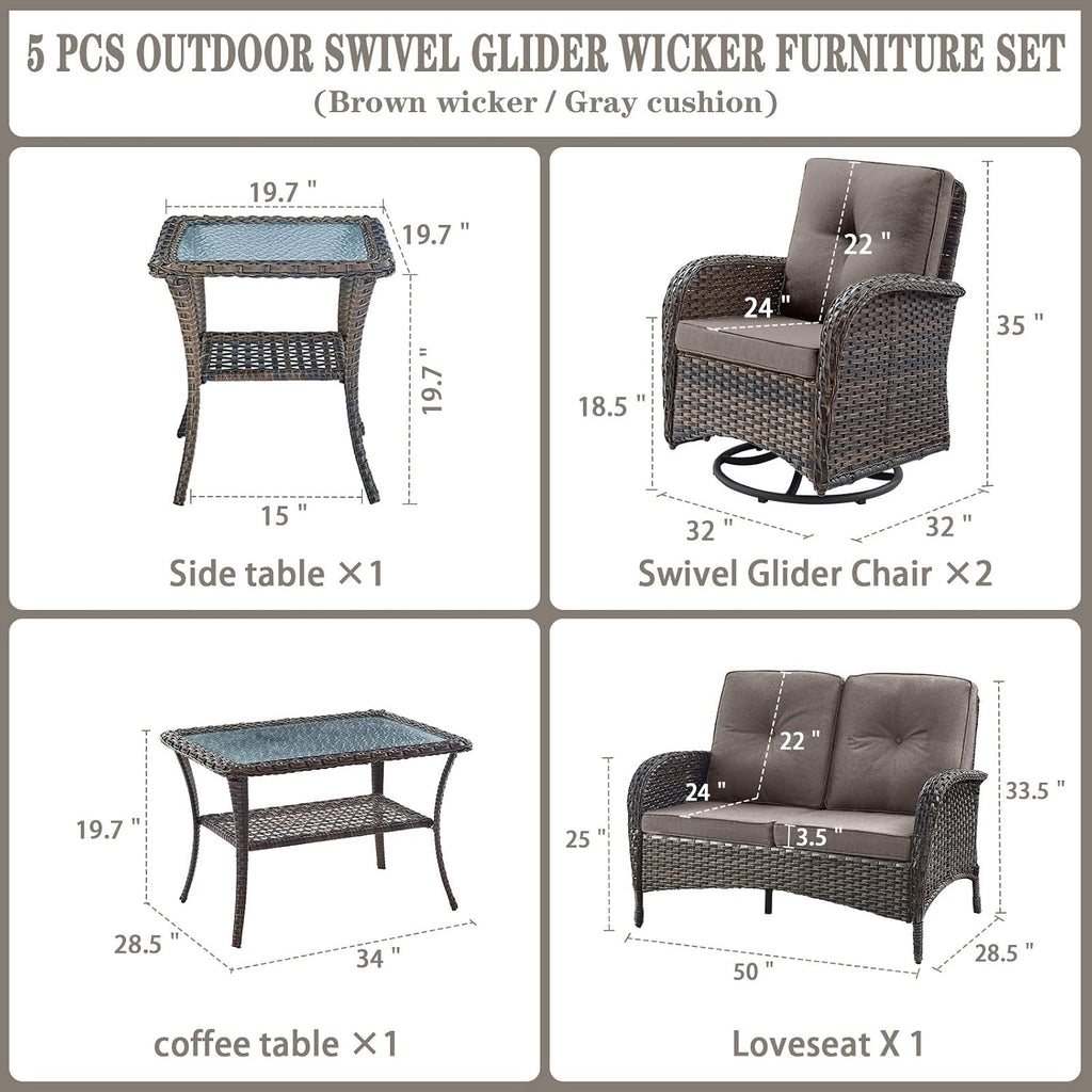 Belord 5 Piece Wicker Patio Furniture Set - Outdoor Conversation Sets with Deep Seating Swivel Rocker Chairs Loveseat and Rattan Coffee Table for Deck Backyard, Brown Wicker/Grey Cushion
