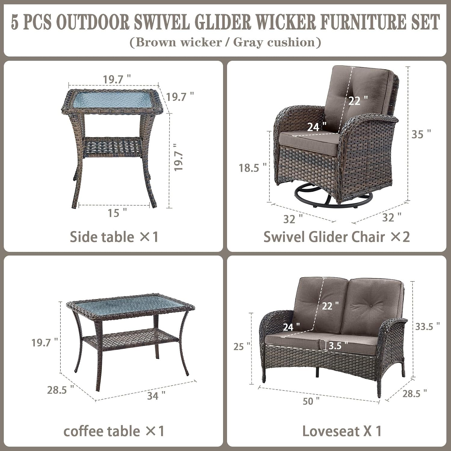 Belord 5 Piece Wicker Patio Furniture Set - Outdoor Conversation Sets with Deep Seating Swivel Rocker Chairs Loveseat and Rattan Coffee Table for Deck Backyard, Brown Wicker/Grey Cushion