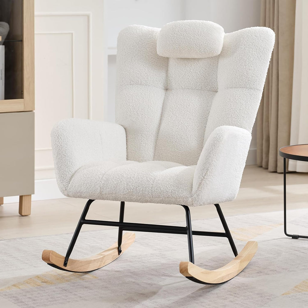Rocking Chair Nursery Teddy with Pillow&High Backrest Armchair,Fabric Upholstered Accent Chair Nursing Chairs for Living Room, Bedroom,Beige