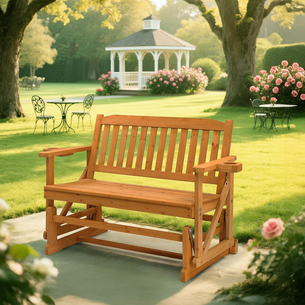 VINGLI 2-Person Outdoor Glider Bench, Patio Glider with Cup Holders, Outdoor Rocking Chair Loveseat for Backyard Garden Porch, Teak