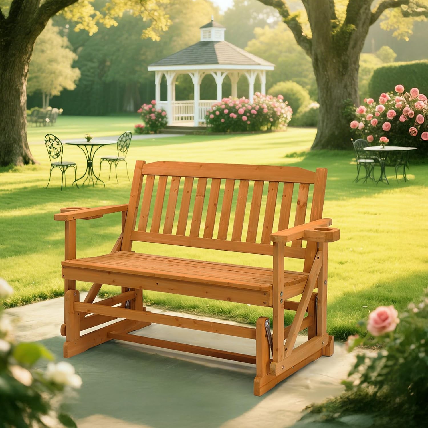 VINGLI 2-Person Outdoor Glider Bench, Patio Glider with Cup Holders, Outdoor Rocking Chair Loveseat for Backyard Garden Porch, Teak