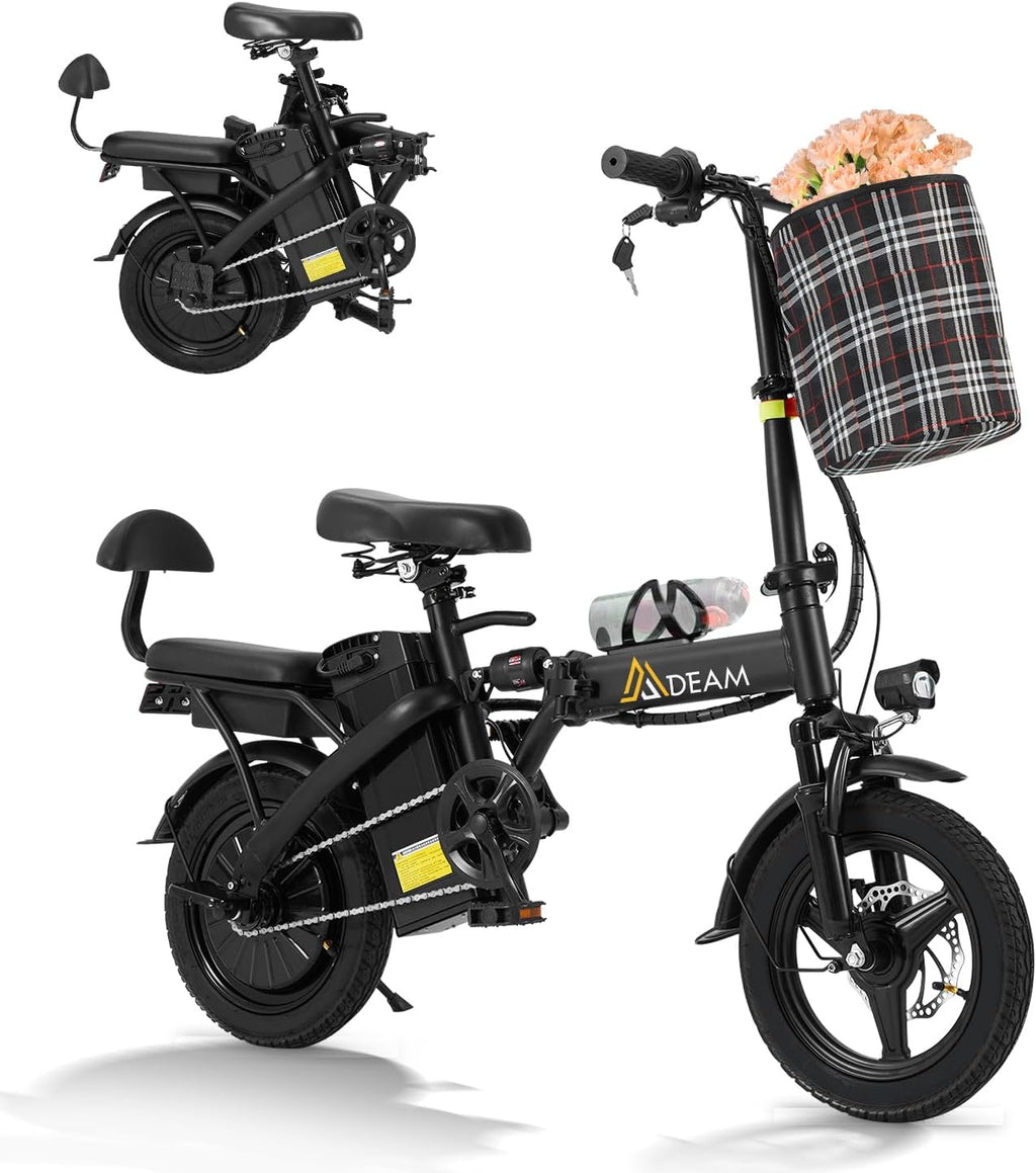 Mdeam Foldable Electric Bike,500W Motor Compact Adults Commute Ebike 20 MPH Max Speed,30+ Miles Folding Electric Bicycle with Passenger Seat,14' Mini E-Bike 2 Seater for Adults/Teens