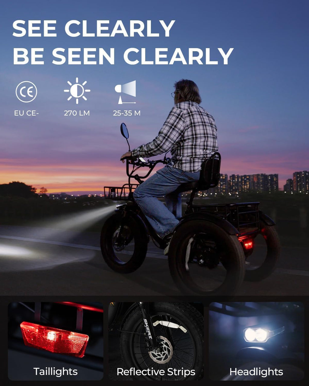 Skeri Electric Tricycle for Adults, 750W(Peak 1350W) Motor Etrike, 20'x4' Folding Fat Tire Electric Trike, 48V13Ah Battery, 3-Wheel Electric Bike, 20MPH, Front & Rear Basket & Differential