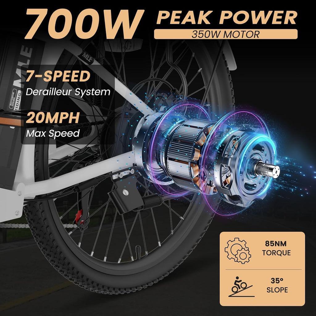 MOONCOOL Electric Bike for Adults, 700W Peak Power 7 Speed Step Through Electric Cruiser Bike, 40 Miles Electric Bicycle with 36V 10.4Ah Battery, Aluminum Frame City Commuter E Bikes for Women, Men