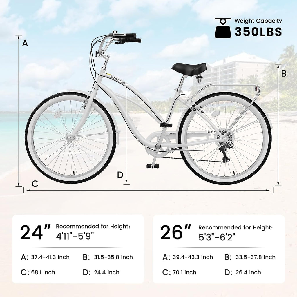 Cruiser Bike for Adults, 7-Speed Beach Cruiser Bicycle, 24/26 Inch Step-Through or High-Bar Frame, Comfort City Commuter Bike with Rear Rack, Fenders, Wide Saddle for Women & Men