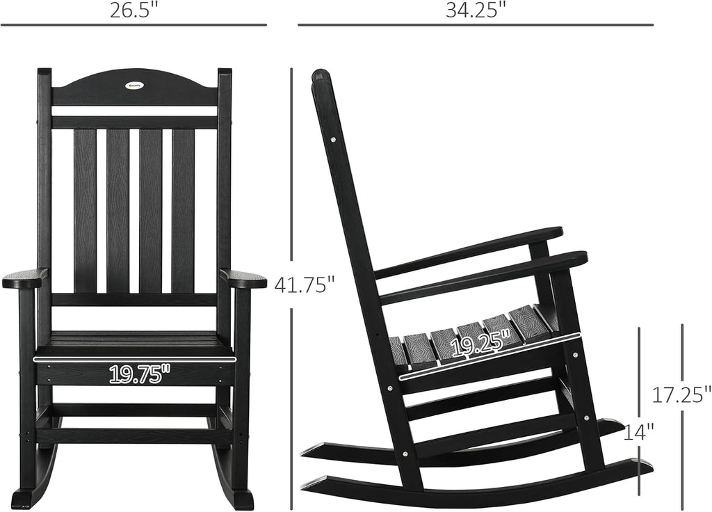 Outsunny 2 Pieces Outdoor Rocking Chair, All Weather-Resistant HDPE Rocking Patio Chairs with Rustic High Back, Armrests, Oversized Seat and Slatted Backrest, 350lbs Weight Capacity, Black