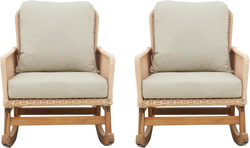 Christopher Knight Home Nadine Patio Rocking Chairs Set of 2, Wicker Rocker, Wood Rocking Chair, PE Rattan Wick Chair, Rocking Chair with Cushions, Comfort Wicker Rocker for Backyard Balcony, Beige