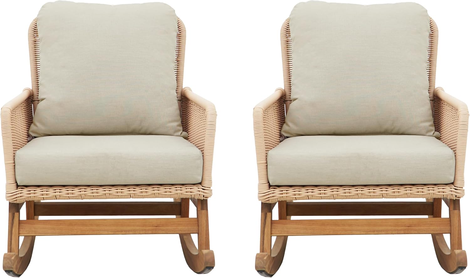 Christopher Knight Home Nadine Patio Rocking Chairs Set of 2, Wicker Rocker, Wood Rocking Chair, PE Rattan Wick Chair, Rocking Chair with Cushions, Comfort Wicker Rocker for Backyard Balcony, Beige