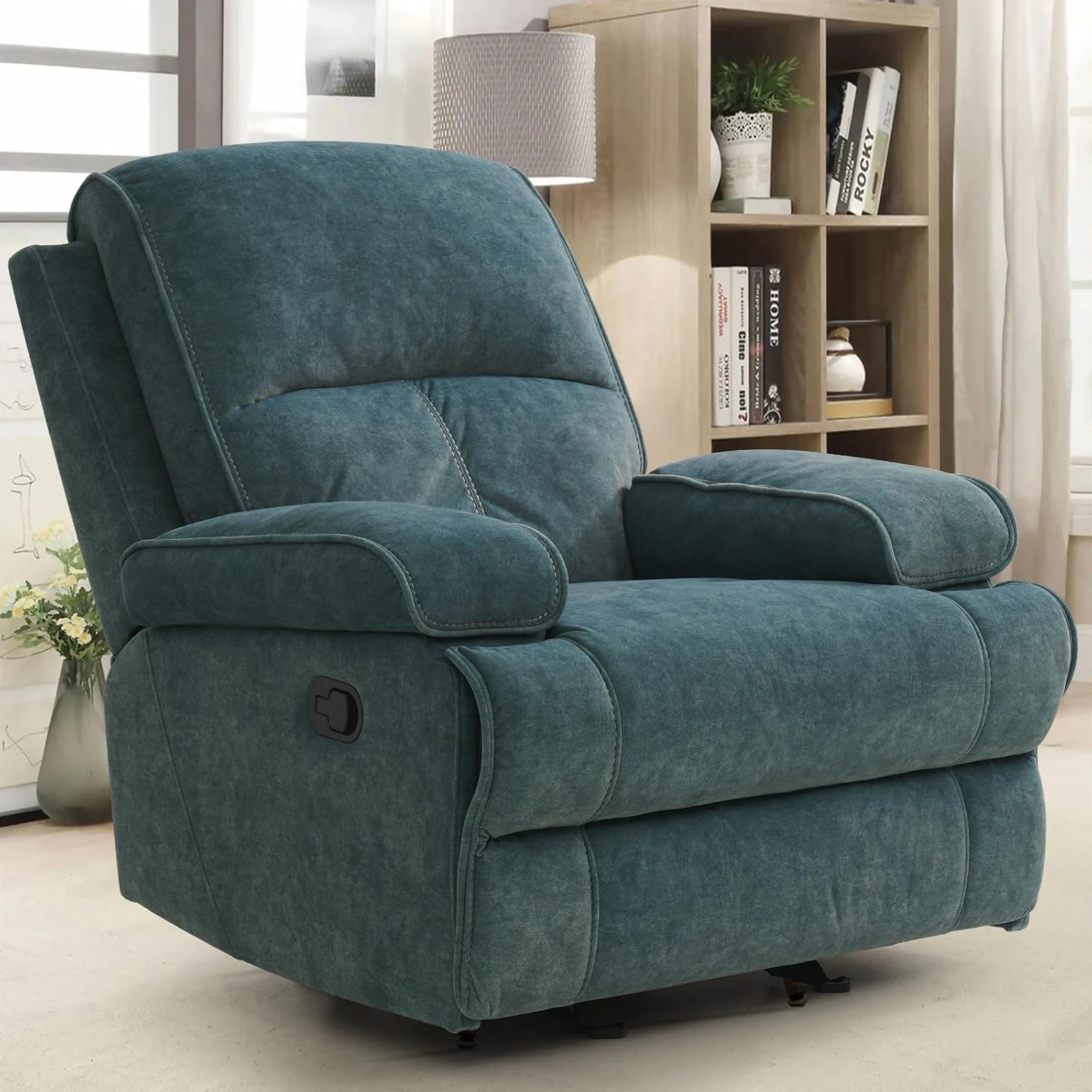 Manual Rocker Recliner Chair for Adults, High Back Glider with Deep Seat, Upholstered Fabric Armchair for Living Room & Nursery, Blue