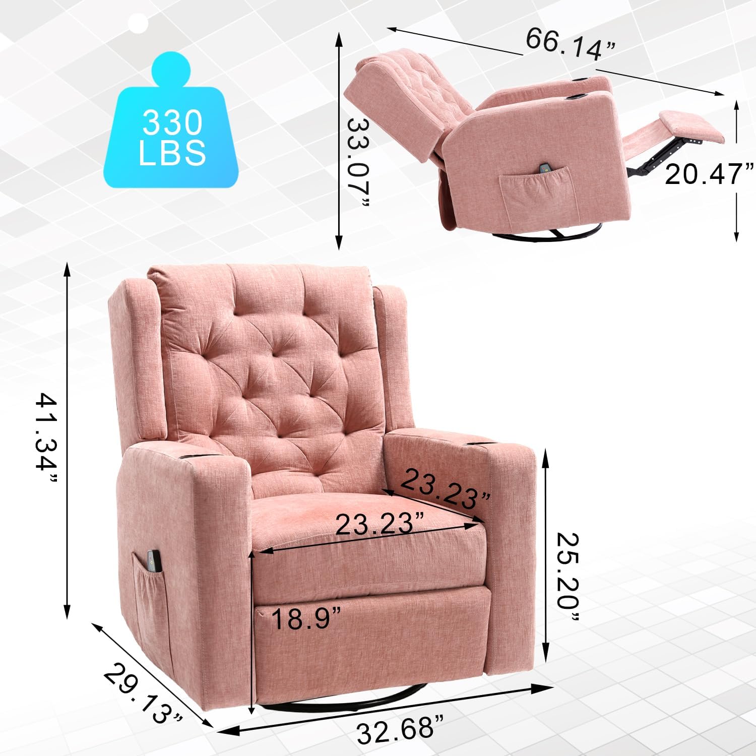 Oversized Swivel Rocker Recliner Chair Wide Seat Heavy Duty Fabric Reclining Chair, Tufted Manual Rocking Glider Chair Recliner for Nursery, Pink