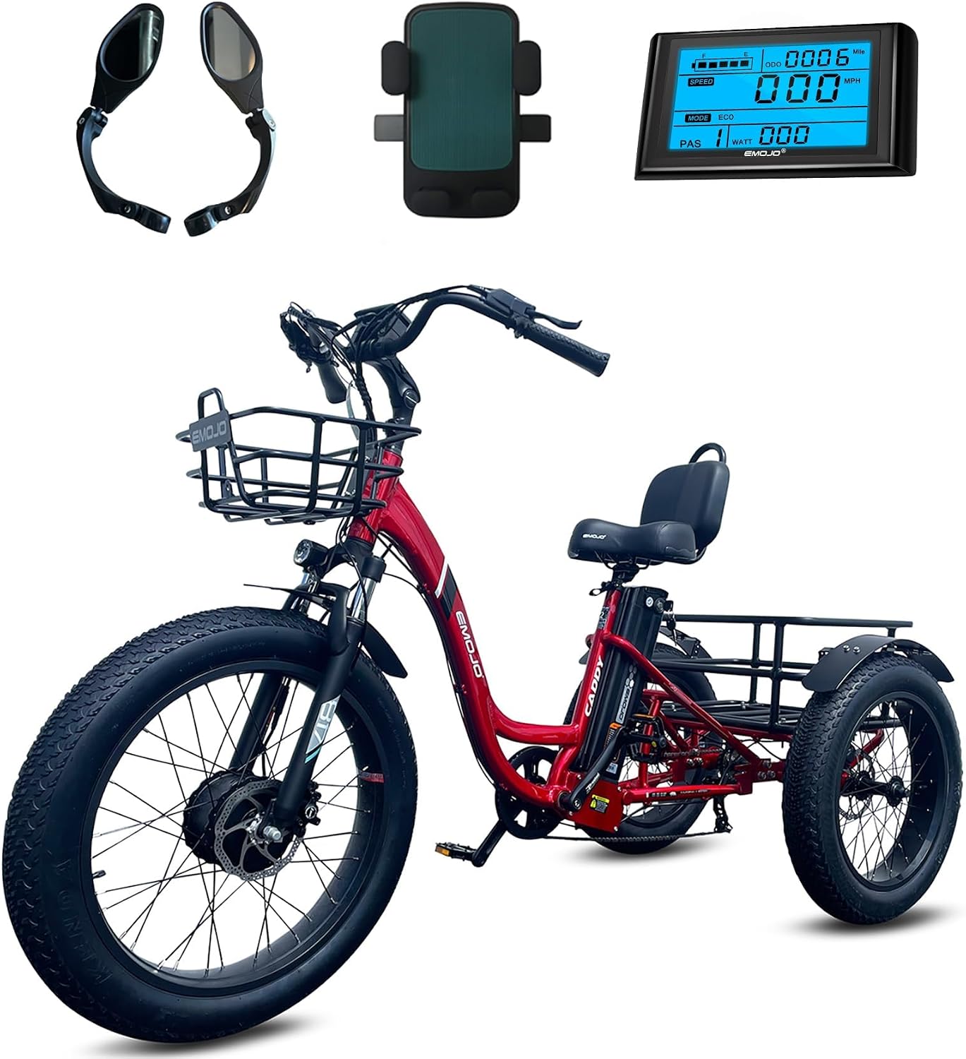 EMOJO Caddy Pro Electric Tricycle for Adults, Fat Tire Electric Trike, Hydraulic Disk Brakes Ebike 7 Speed Pedal Assist 3 Wheel 500W Electric Bike with 48V 15.6Ah Battery