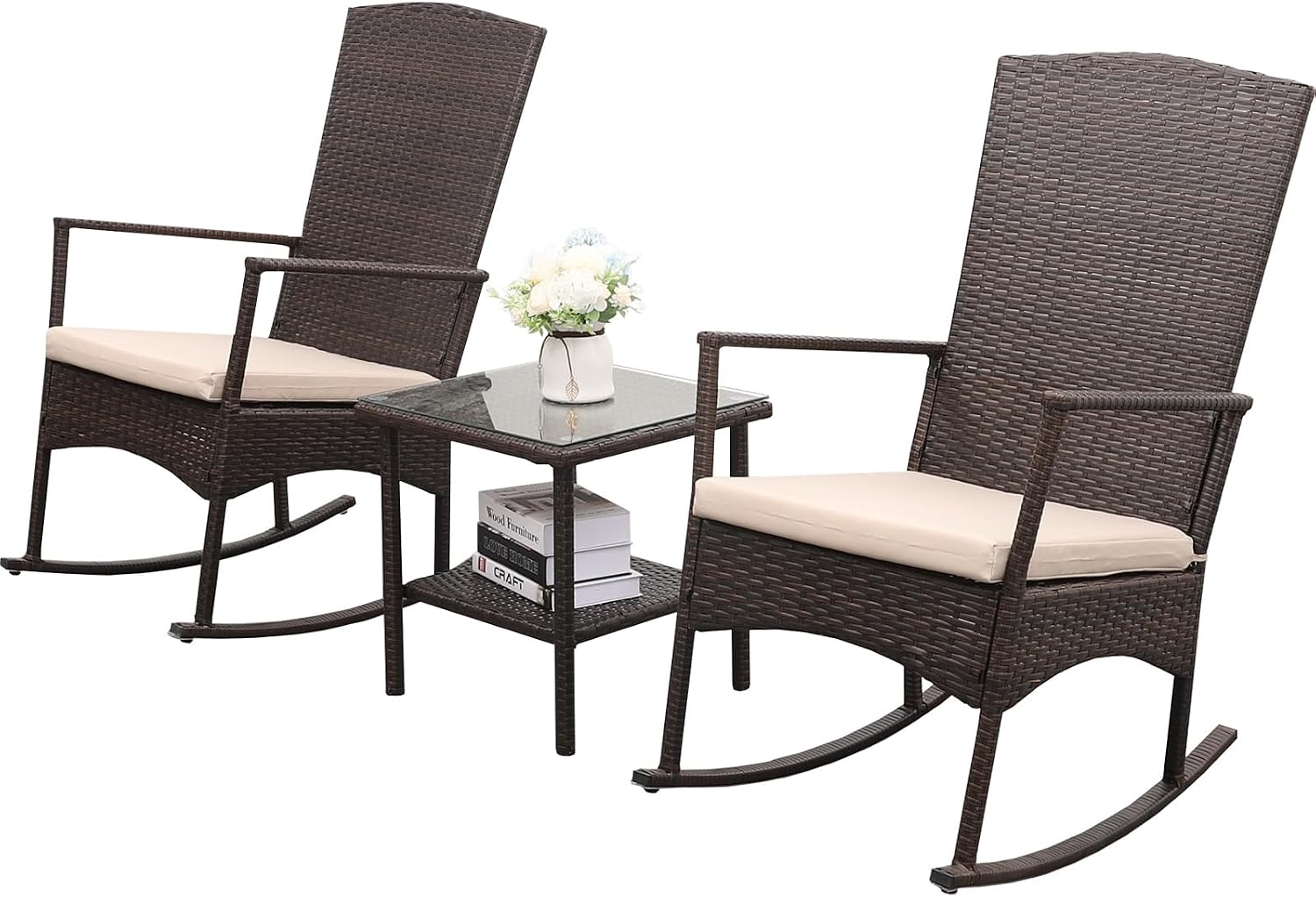 Outdoor HDPE Wicker Rocking Chair 3-Piece Patio Rattan Bistro Set 2 Rocker Armchair and Glass Coffee Side Table Furniture Washable Lacing Cushions, Khaki
