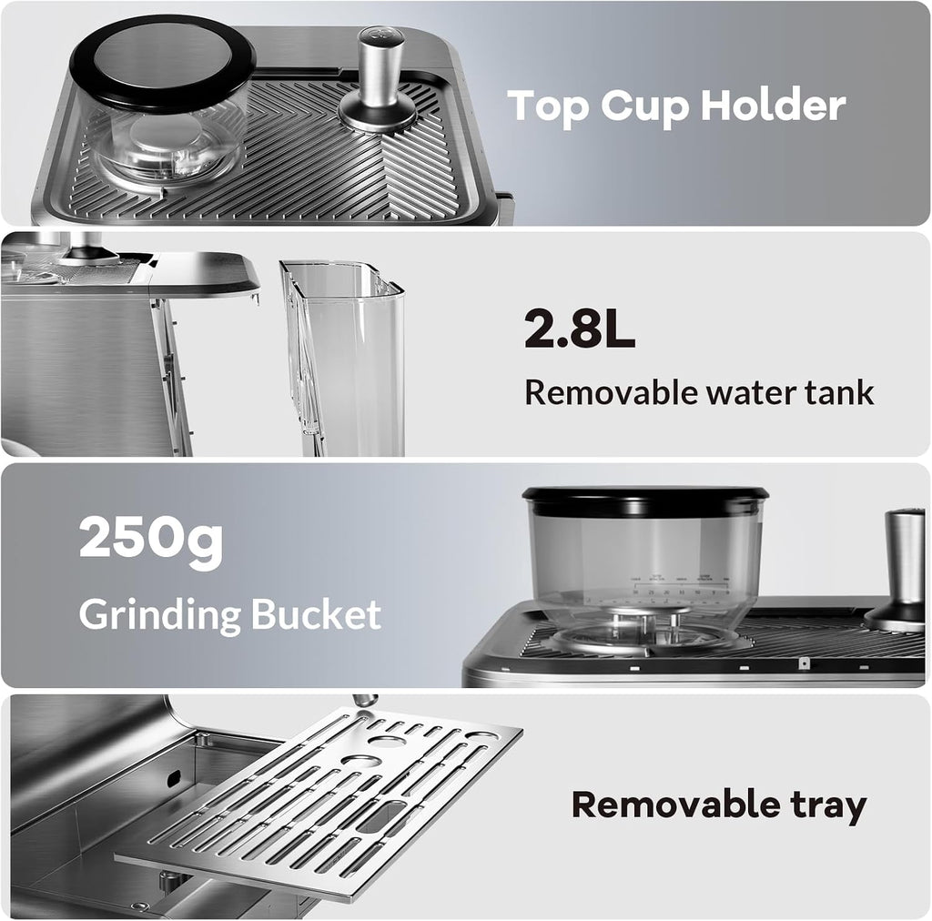 GarveeHome Espresso Coffee Machine, 20 Bar Professional Coffee Maker with Grinder and Milk Frother Steam Wand, 2.8 L Water Tank, 15 Grinding Setting Espresso Cappuccino/Latte Machine for Home