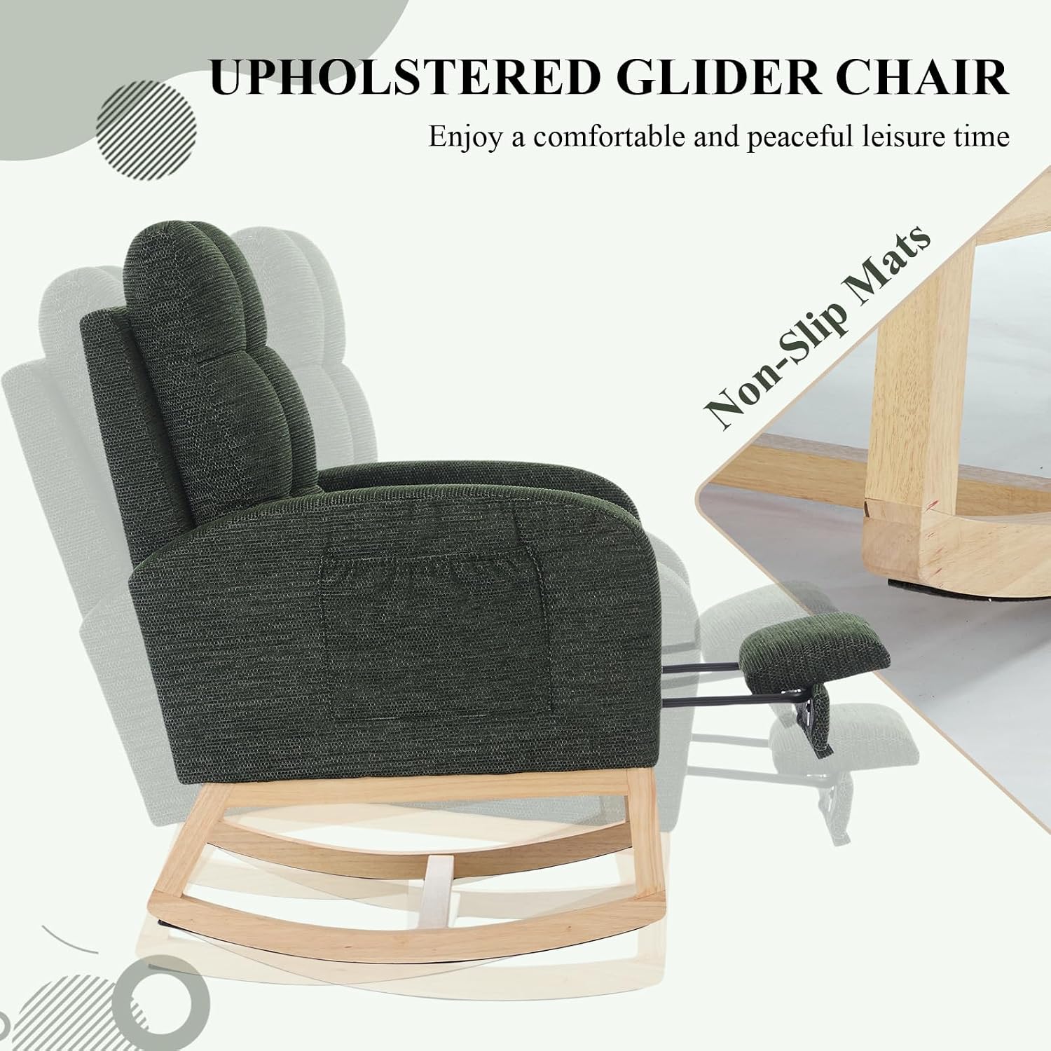 Nursery Rocking Chair, Polyester Upholstered Glider Chair with Footrest, Comfy Rocker Chair, Accent Chair with High Backrest, Glider Rocker, Armchair for Living Room (Dark Green Linen)