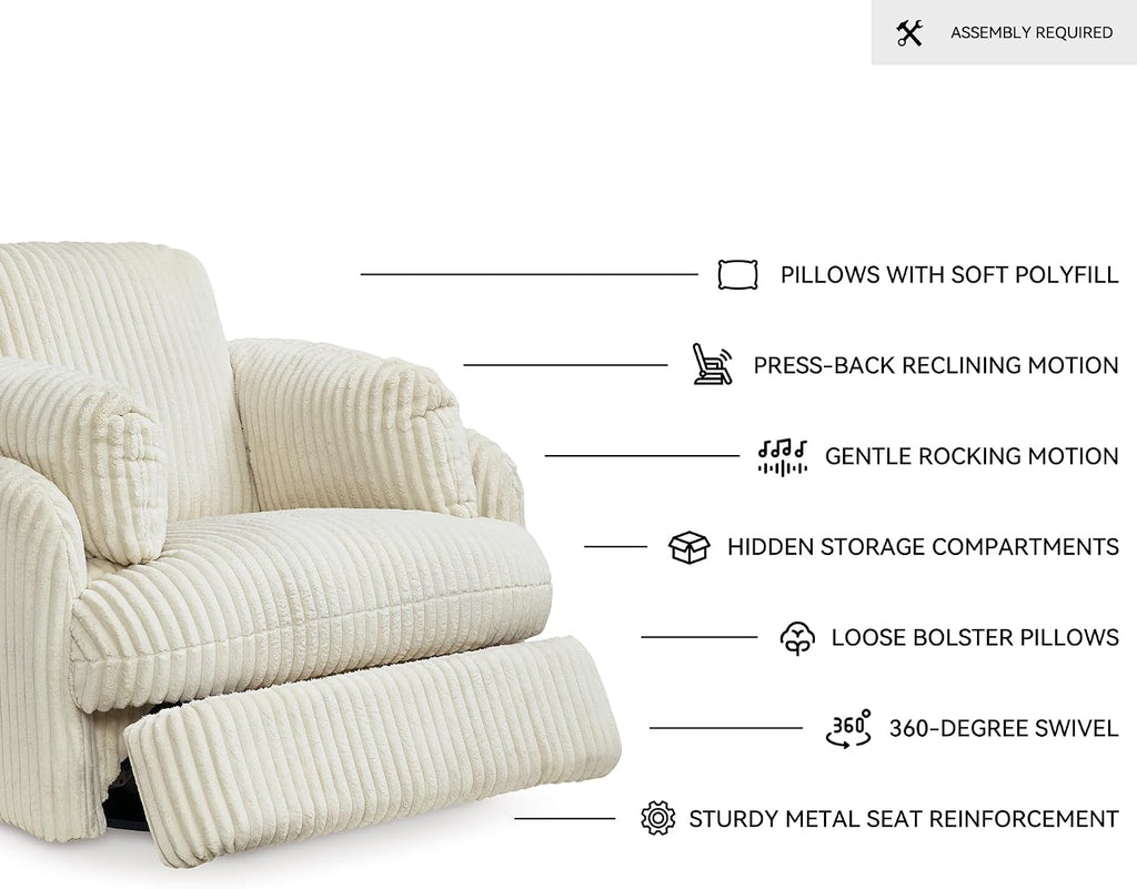 Signature Design by Ashley Tie-Breaker Cozy Contemporary Manual Press-Back Swivel Glider Rocker Recliner with 2 Bolster Pillows and Hidden Storage, White