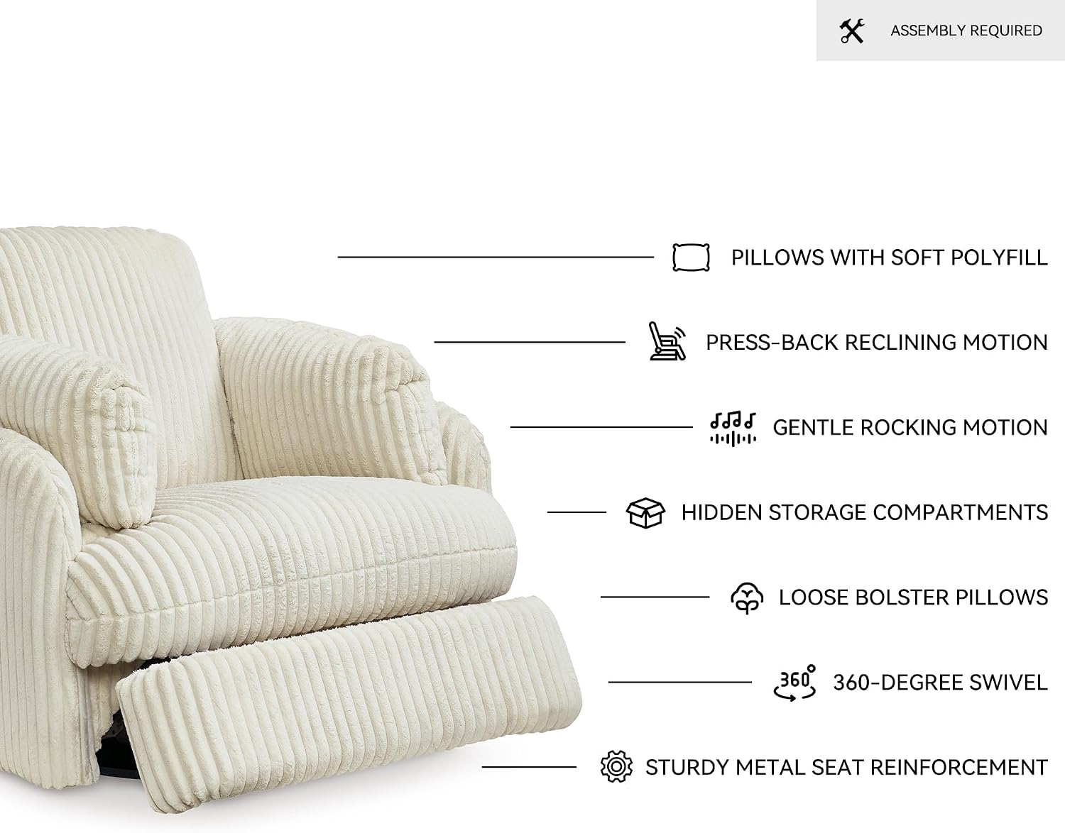 Signature Design by Ashley Tie-Breaker Cozy Contemporary Manual Press-Back Swivel Glider Rocker Recliner with 2 Bolster Pillows and Hidden Storage, White