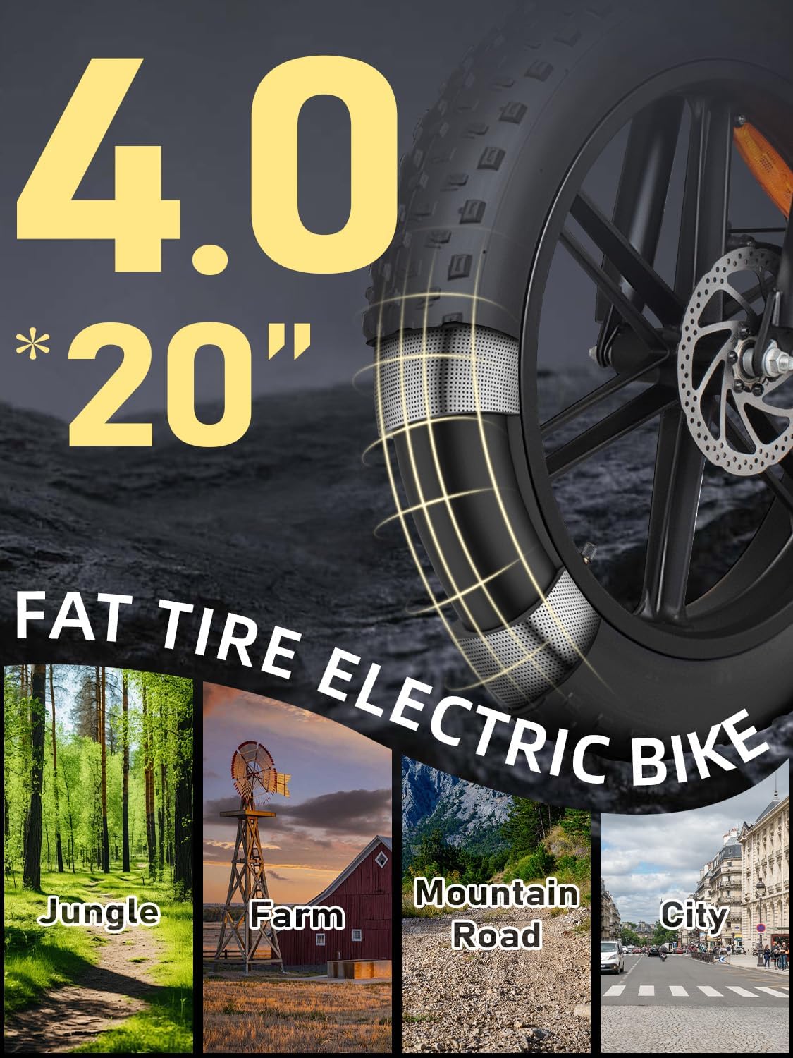 Rideon Electric Bike for Adults，Peak 1500W Motor，Up to 32MPH,48V 20AH/35AH/60AH Battery,20' Fat Tire Electric Dirt Bike Commuting Off Road Ebike, 7-Speed E-Bike