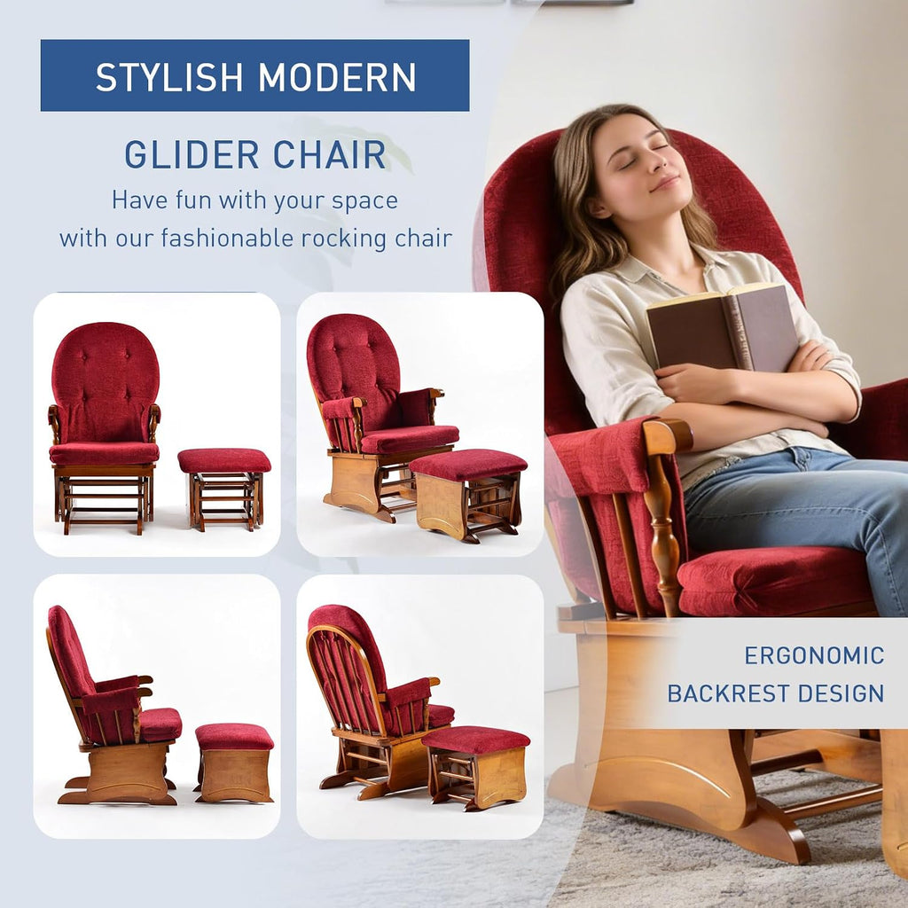 Gliding Rocking Chair with Ottoman for Nursery, Rubber Wood Rocking Chair Glider Rocker with Arm Rest, Chenille Padded Cushion for Living Room Bedroom, 280lbs Weight Capacity, Burgundy