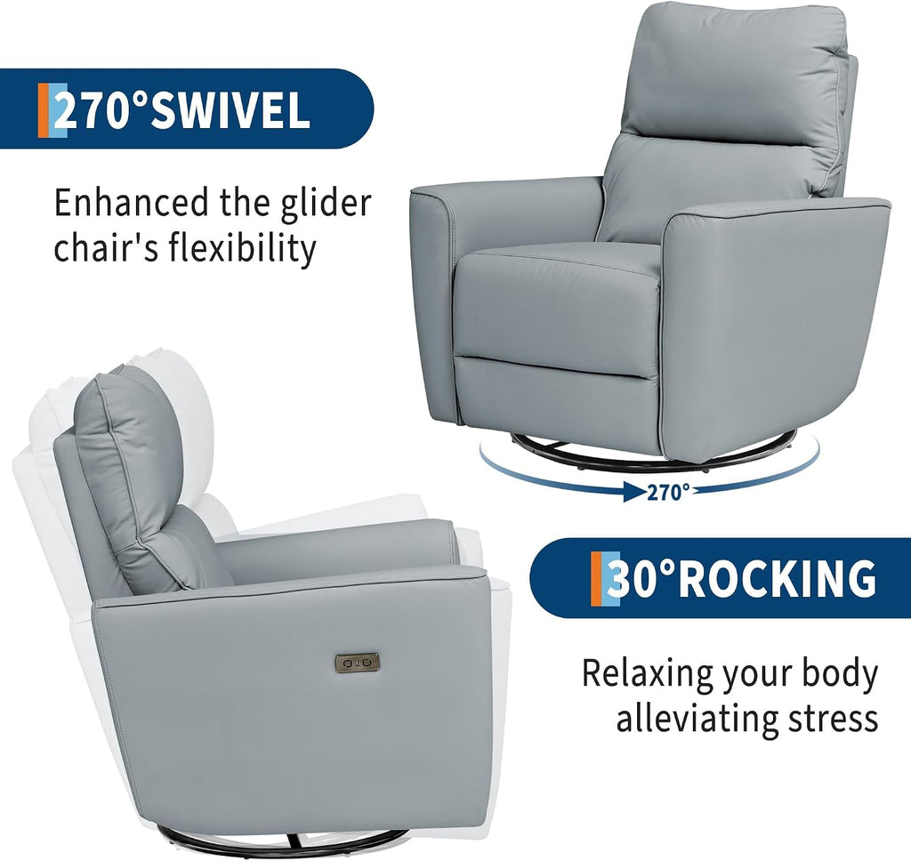 IDEALHOUSE Swivel Rocking Nursery Recliner Chair Rocker Recliner Glider Deep Seat PU Leather Sofa Chair with high Backrest for Nursery, Living Room, Bedroom & Home Movie Theater (Silver)
