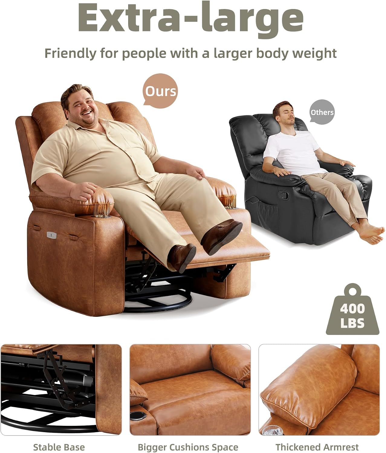 Oversized 27' Power Recliner Chair with Heat and Massage - 360° Swivel Faux Leather Rocking Chair for Adults with Cup Holder for Living Rooms, Bedrooms, and Nurseries - Brown