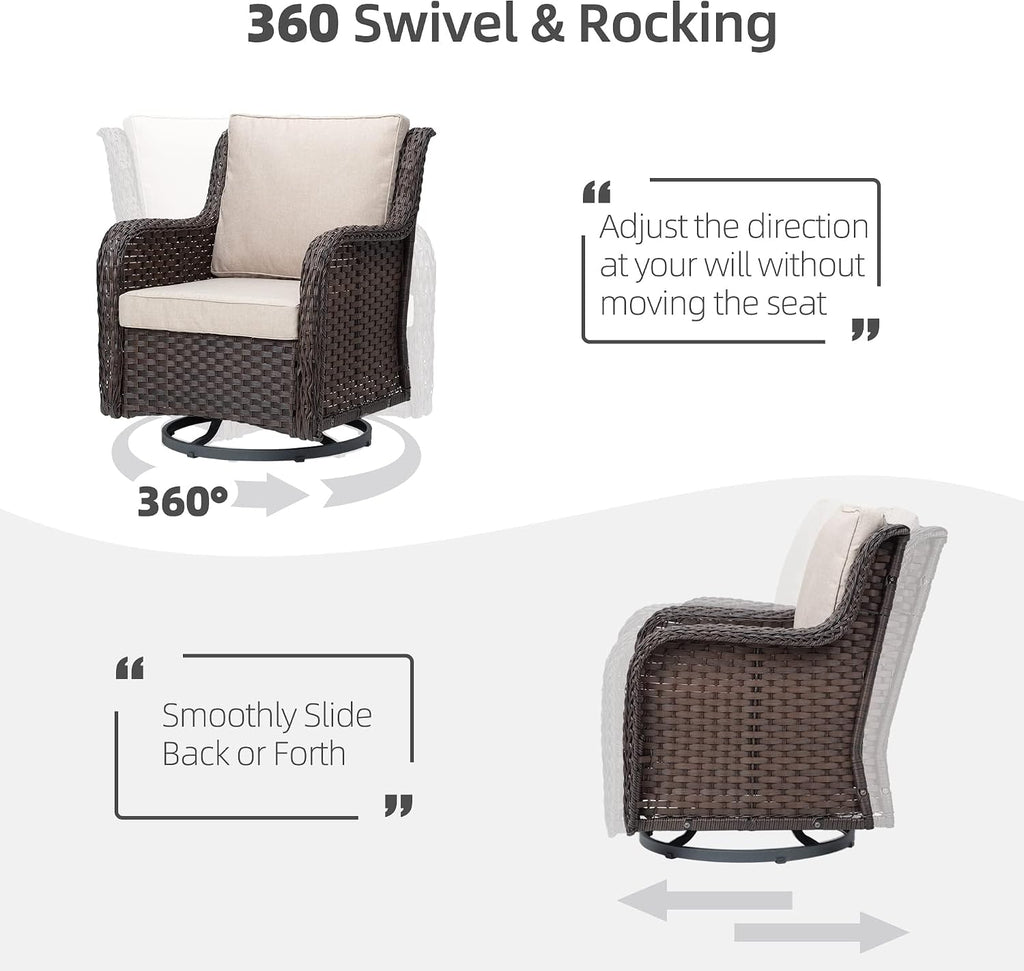 Outdoor Porch Chairs with Table, 3-Piece Wicker Glider Rocking Chair Set, 360° Swivel Patio Furniture with 4' Thick Cushions for Porch, Deck, Balcony