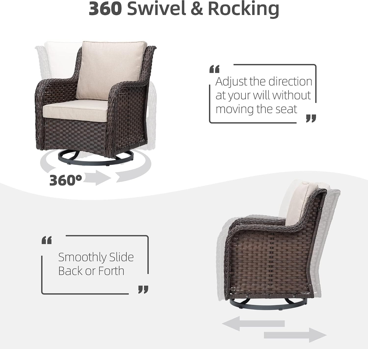 Outdoor Porch Chairs with Table, 3-Piece Wicker Glider Rocking Chair Set, 360° Swivel Patio Furniture with 4' Thick Cushions for Porch, Deck, Balcony
