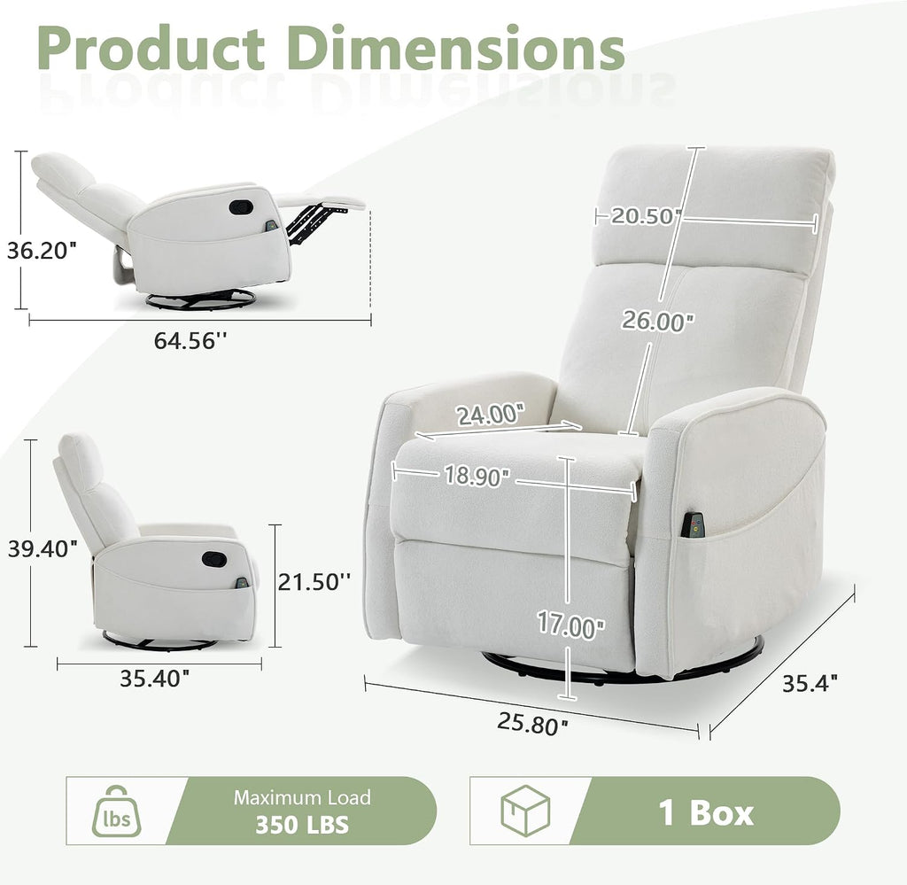 cinkehome Heated Massage Swivel Rocker Recliner Chair for Nursery - Small Space Reclining Chair with Lumbar Support, 360° Swivel & Gentle Rocking, Ergonomic High Back Short Plush Cream White