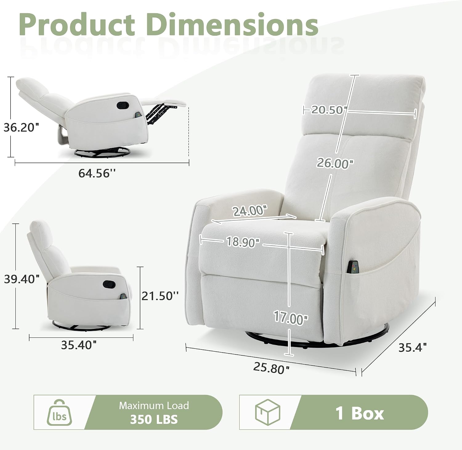 cinkehome Heated Massage Swivel Rocker Recliner Chair for Nursery - Small Space Reclining Chair with Lumbar Support, 360° Swivel & Gentle Rocking, Ergonomic High Back Short Plush Cream White