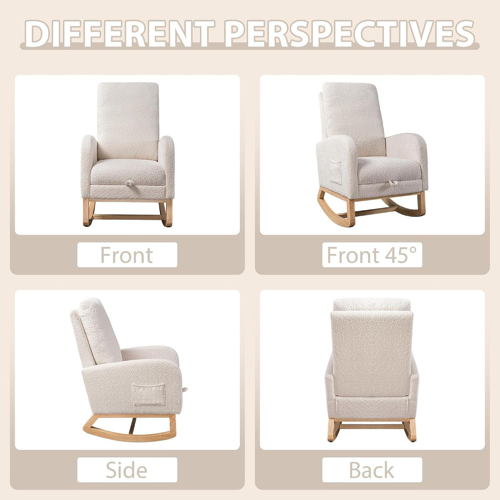 Aoiy & Wifon Rocking Chair Nursery, Modern Nursery Rocking Chairs with Side Pocket & Footrest, Upholstered Rocking Chair Nursery Glider, Boucle, Ivory