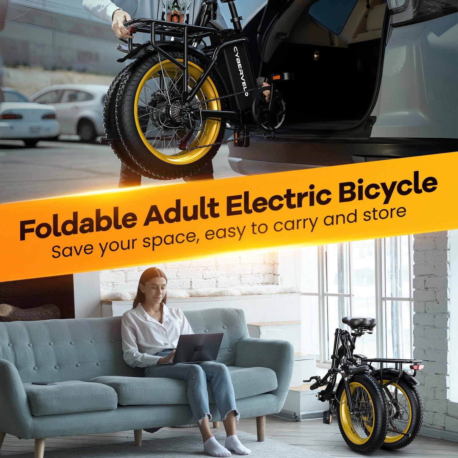 Folding Electric Bike for Adults with Peak 1000W Motor, 48V 20AH Battery up to 30MPH 80 Miles, 20' Fat Tire All Terrain Ebike, 7-Speed Commuter E Bike Black with Saddle Bag, Step-Thru, UL Certified