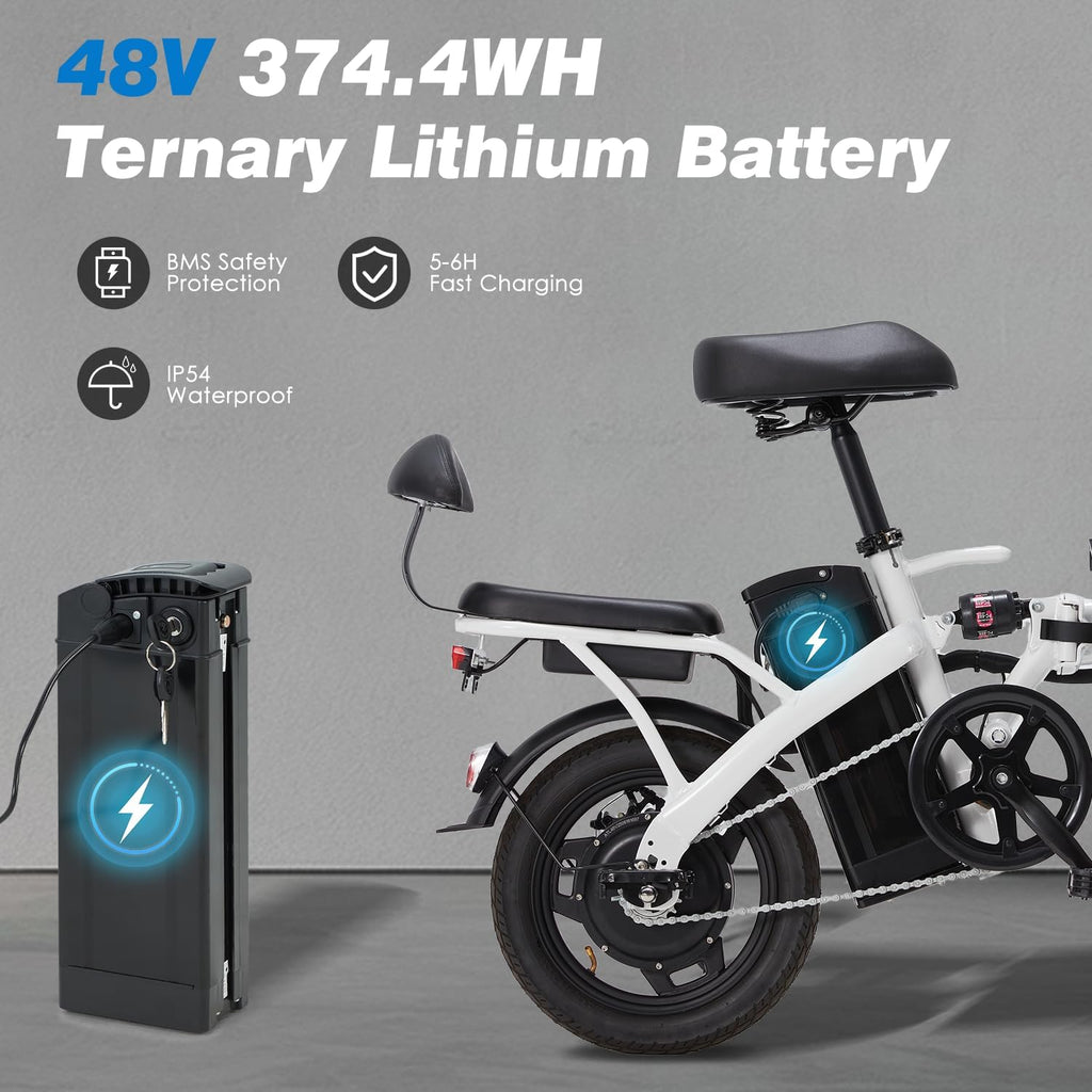 Mdeam Foldable Electric Bike,500W Motor Compact Adults Commute Ebike 20 MPH Max Speed,30+ Miles Folding Electric Bicycle with Passenger Seat,14' Mini E-Bike 2 Seater for Adults/Teens