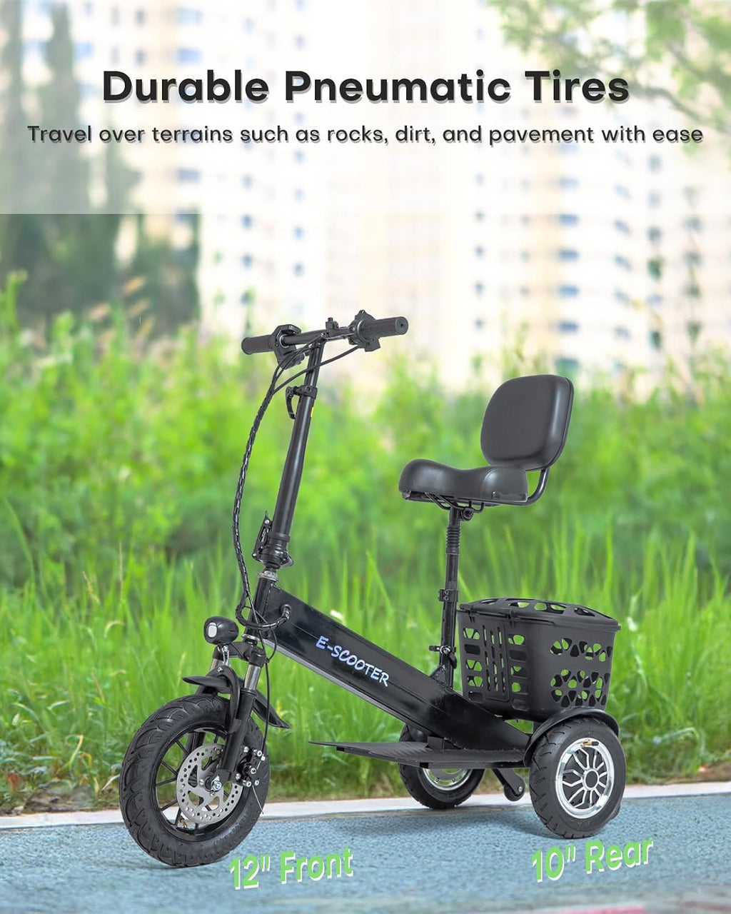 3 Wheel Electric Scooter for Adults, 3 Wheel Mobility Scooter for Adults, 330 lbs Load, Long Range, with Charger & Basket, Fits in Car Trunks for Daily Rides