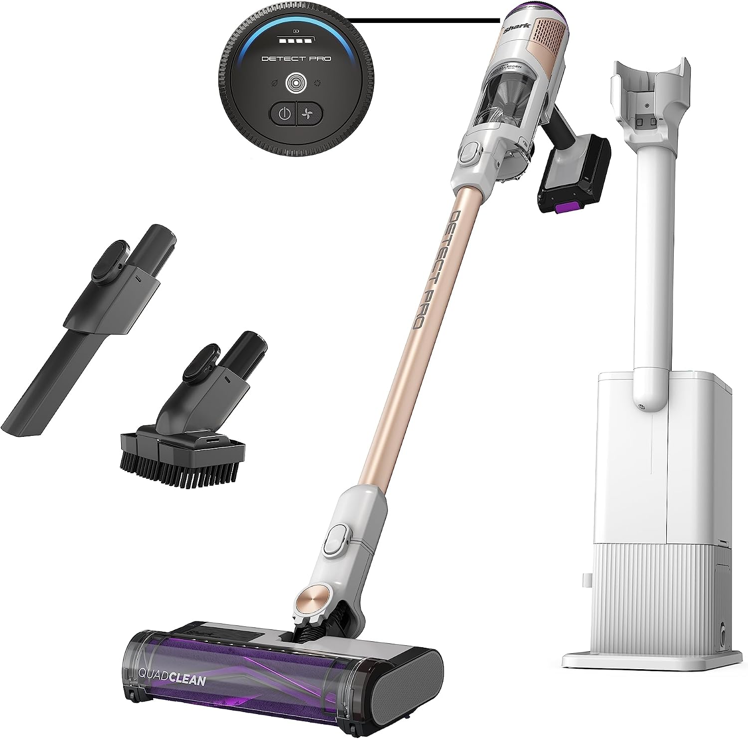 Shark IW3511 Detect Pro Auto-Empty System, Cordless Vacuum with HEPA, QuadClean Multi-Surface Brushroll, 60-Minute Runtime, Includes 8' Crevice Tool & Pet Multi-Tool, White/Beats Brass (Renewed)