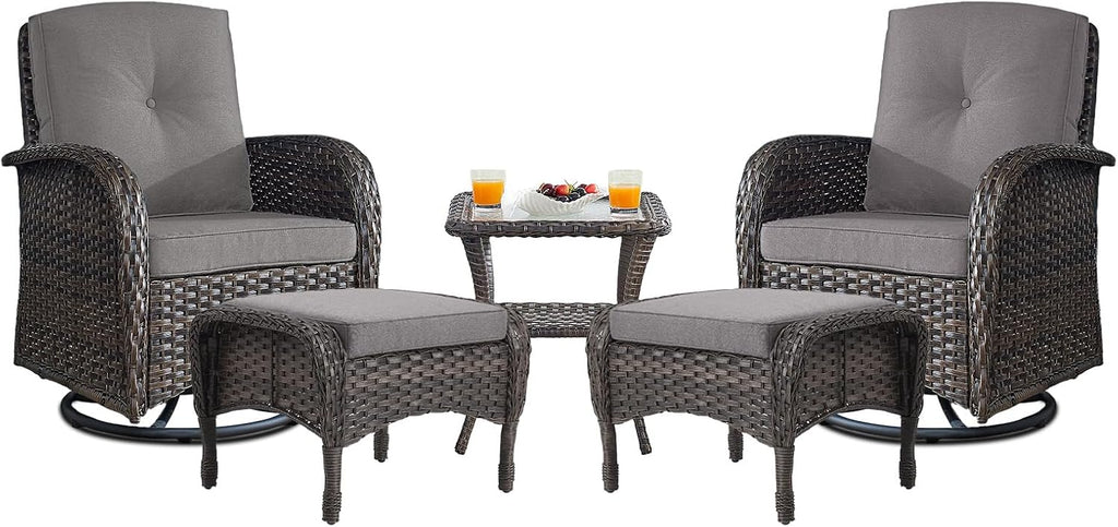 Belord Small Conversation Sets Patio Funiture - 5 Piece Outdoor Swivel Rocker Wicker Furniture Sets with Ottomans Side Table Perfect for Patio Deck Backyard, Brown Wicker Grey Cushion