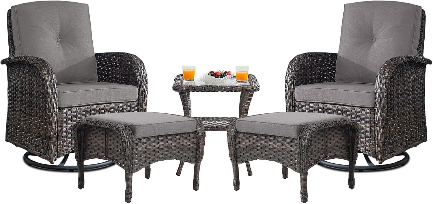 Belord Small Conversation Sets Patio Funiture - 5 Piece Outdoor Swivel Rocker Wicker Furniture Sets with Ottomans Side Table Perfect for Patio Deck Backyard, Brown Wicker Grey Cushion