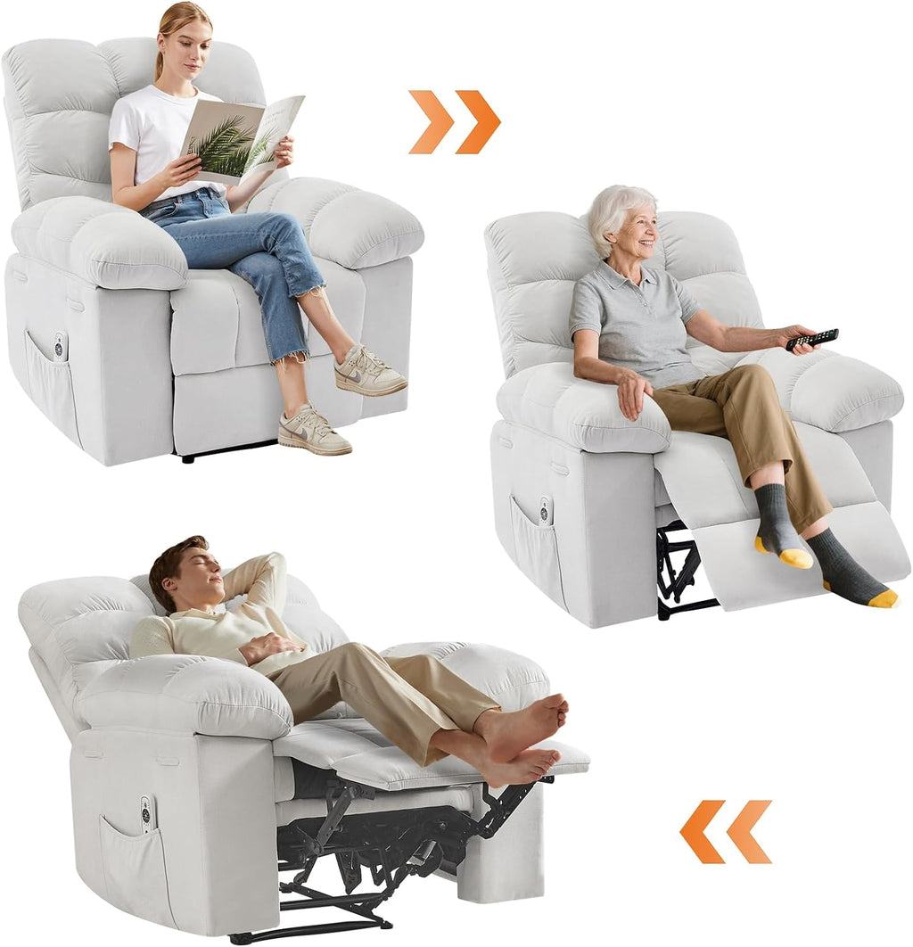 Recliner Rocking Chair with Massage & Heat, Wide Overstuffed Fabric Recliner with Breathable Upholstery, Ergonomic Design, 2 Side Pockets & Remote Control for Living Room or Bedroom (Beige)