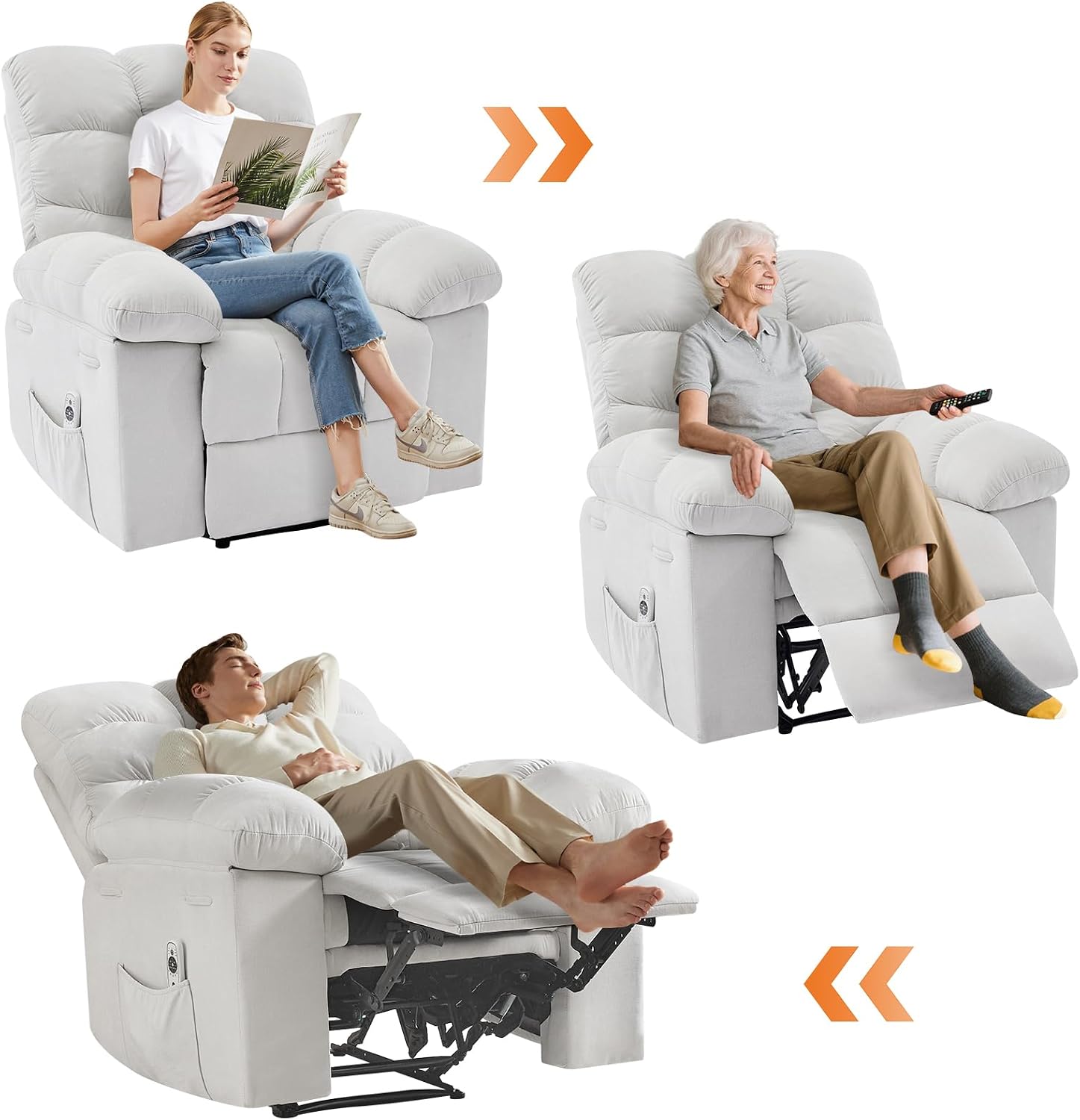 Recliner Rocking Chair with Massage & Heat, Wide Overstuffed Fabric Recliner with Breathable Upholstery, Ergonomic Design, 2 Side Pockets & Remote Control for Living Room or Bedroom (Beige)
