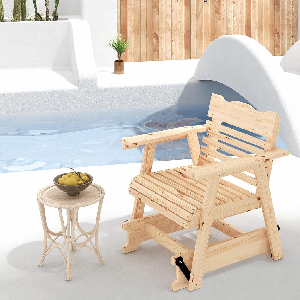 Giantex Outdoor Glider Rocking Chair - Set of 2 Wood Porch Rocker with High Back, Widened Armrests, Curved Seat, Rotatable Cup Holder, Patio Slat Rocking Chair for Yard, Balcony, Poolside, Natural
