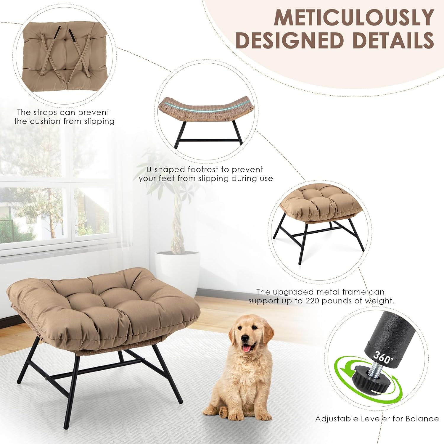 RADIATA Double Papasan Rocking Chair with Ottomans, Oversized Egg Rocking Chairs for 2, Large Wide Loveseat Recliner with Comfy Cushion for Indoor Outdoor Patio Garden, Brown