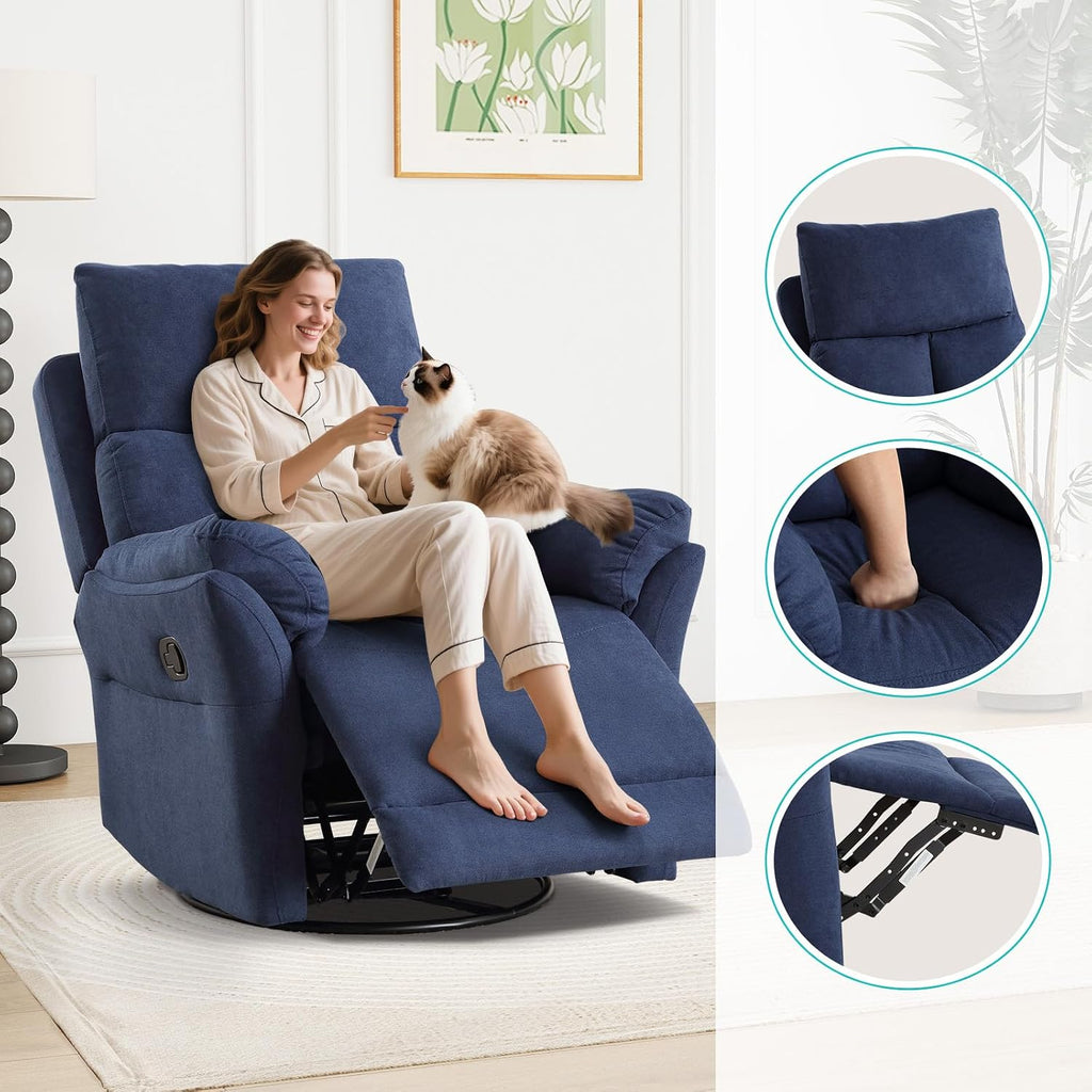 ANJ Swivel Rocker Recliner Chair, Manual Fabric Glider Nursery Recliner Chair, Single Rocking Modern Sofa Home Theater Seating for Living Room, Nursery (Blue)