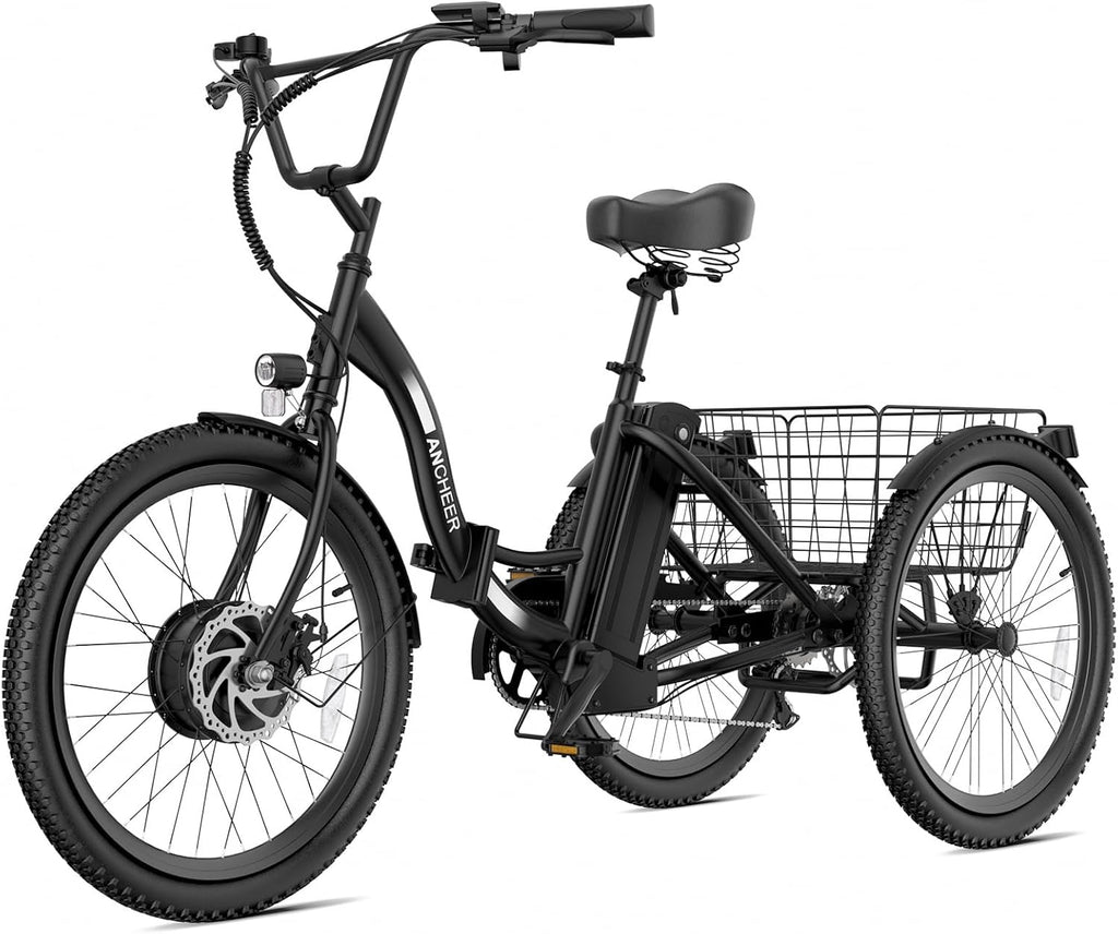 ANCHEER Electric Tricycle for Adults, 350W(Peak 550W) Etrike, 48V/499Wh Ebike, 24' Folding 3 Wheel Electric Trike, 15.5MPH & 55Miles Electric Bike, Rear Differential, Rear Basket