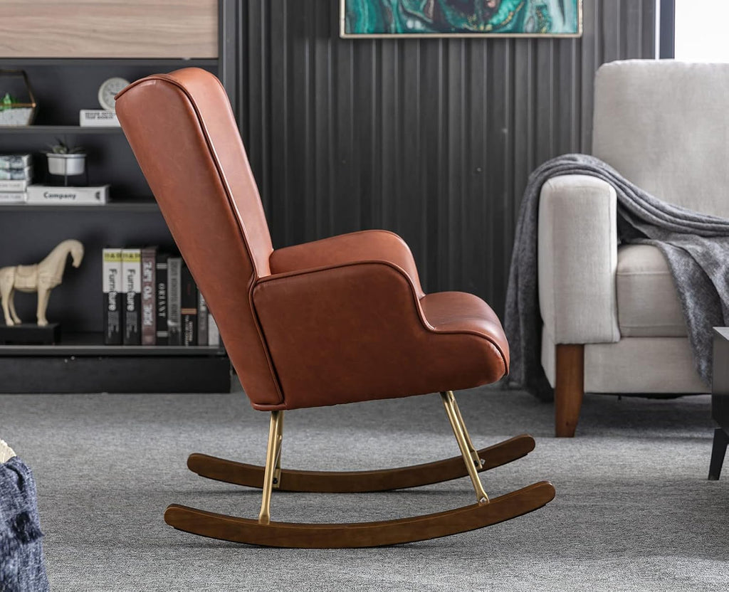 Shunzhi Pu Leather Nursery Rocking Armchair, Modern Reading Accent Chair for Living Room, Bedroom, Office, Small Spaces, Brown