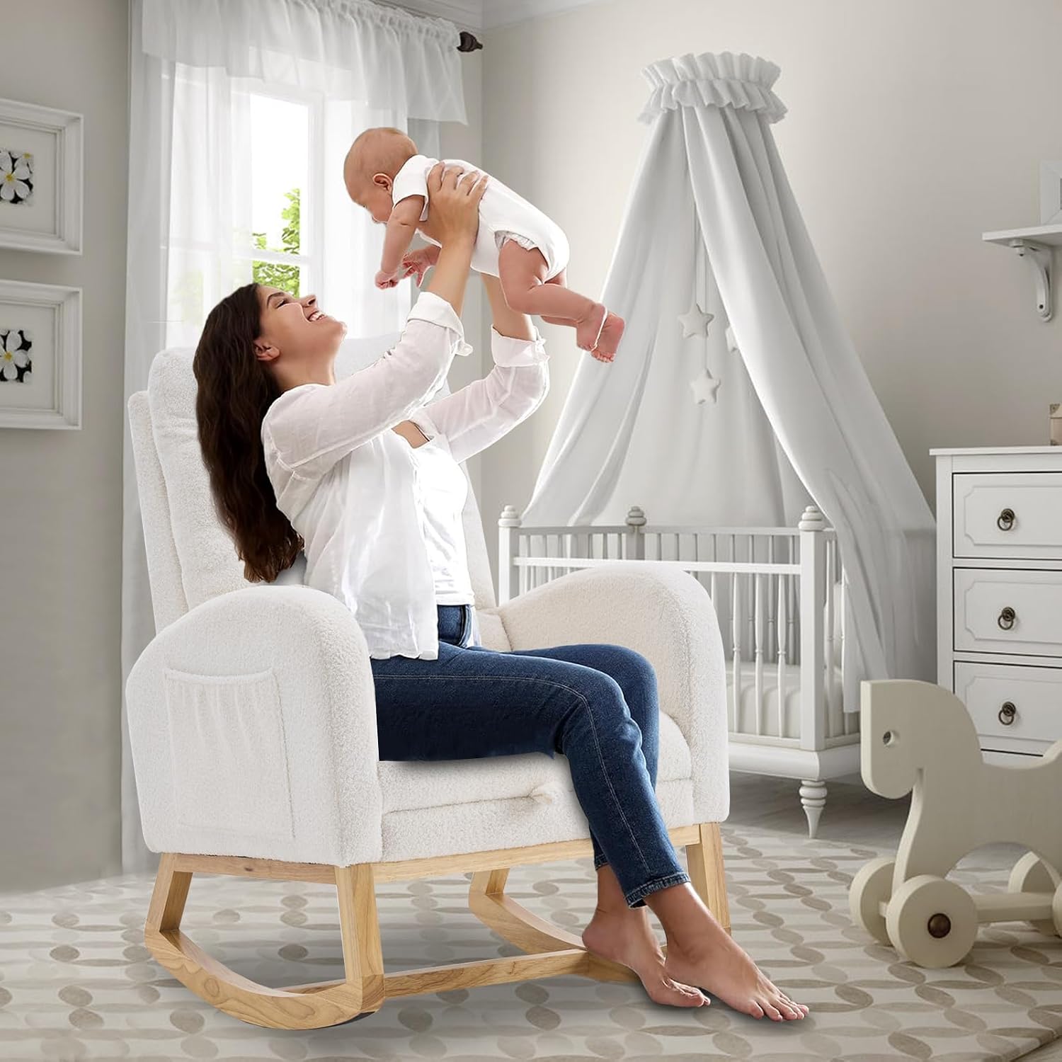 cinkehome Nursery Rocking Chair with Retractable Foot Rest, Teddy Glider Rocking Chair, Mid Century Rocker Chair, High Back, Solid Wood Legs
