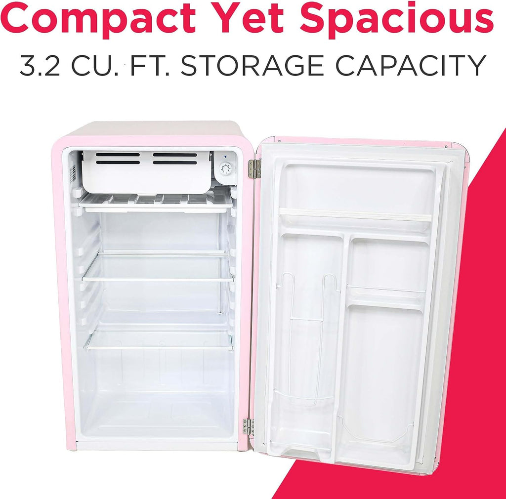 Frigidaire Retro Compact Refrigerator with Chiller, 3.2 cu ft Countertop Fridge, Built-In Bottle Opener, Rounded Corners, Premium, for Office, Bedroom, Dorm Room, Cabin, 18.5D x 20W x 31.5H (Pink)