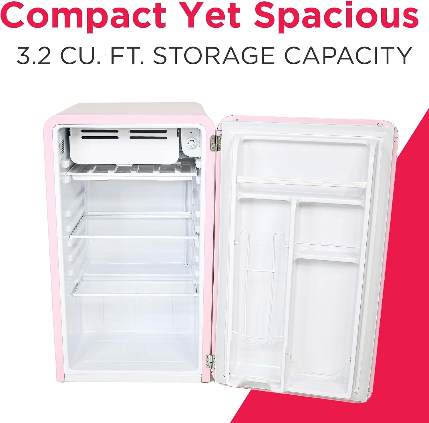 Frigidaire Retro Compact Refrigerator with Chiller, 3.2 cu ft Countertop Fridge, Built-In Bottle Opener, Rounded Corners, Premium, for Office, Bedroom, Dorm Room, Cabin, 18.5D x 20W x 31.5H (Pink)
