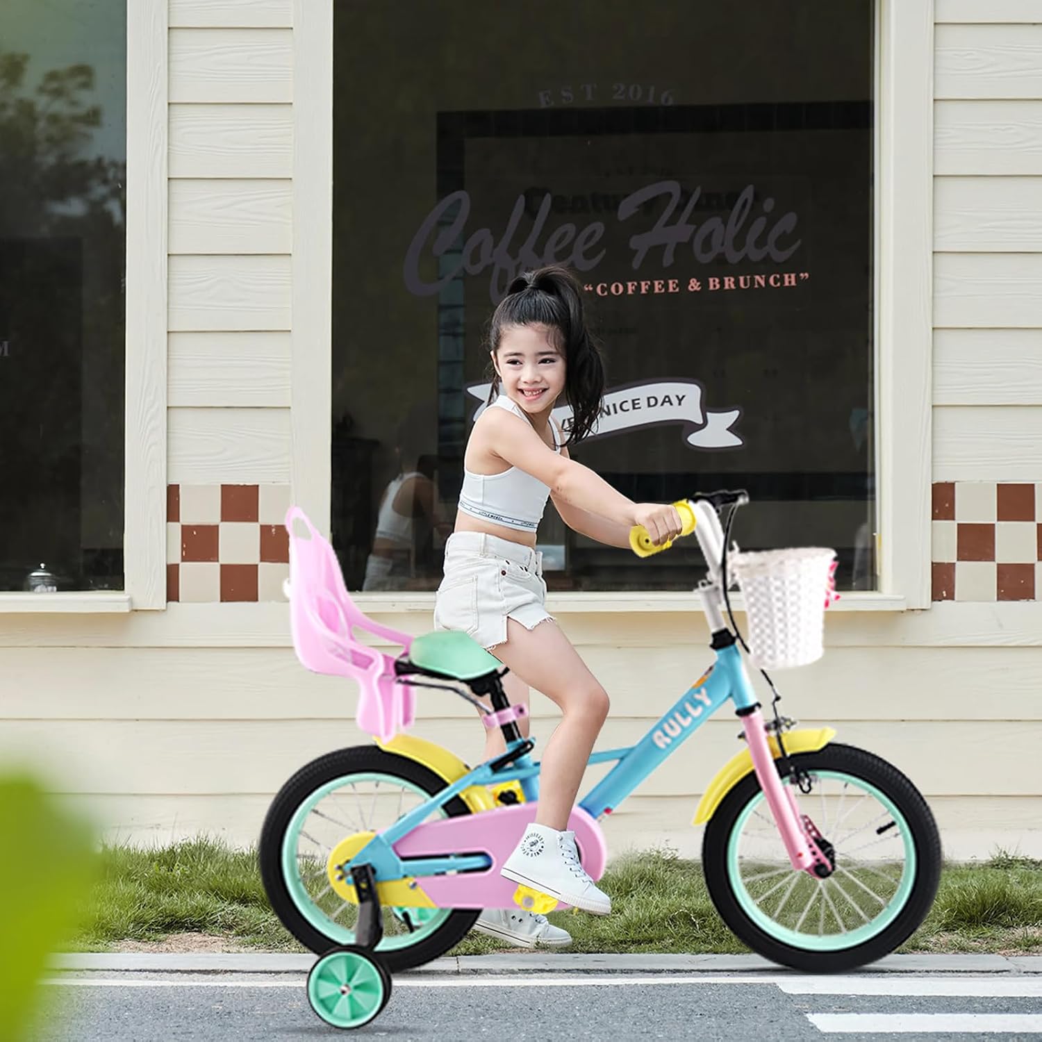 RULLY 12 14 16 Inch Kids Bike for 2-7 Years Girls 33-53 Inch Tall, Toddler Bicycle with Training Wheels & Coaster Brake, Rainbow Bike, Macarons