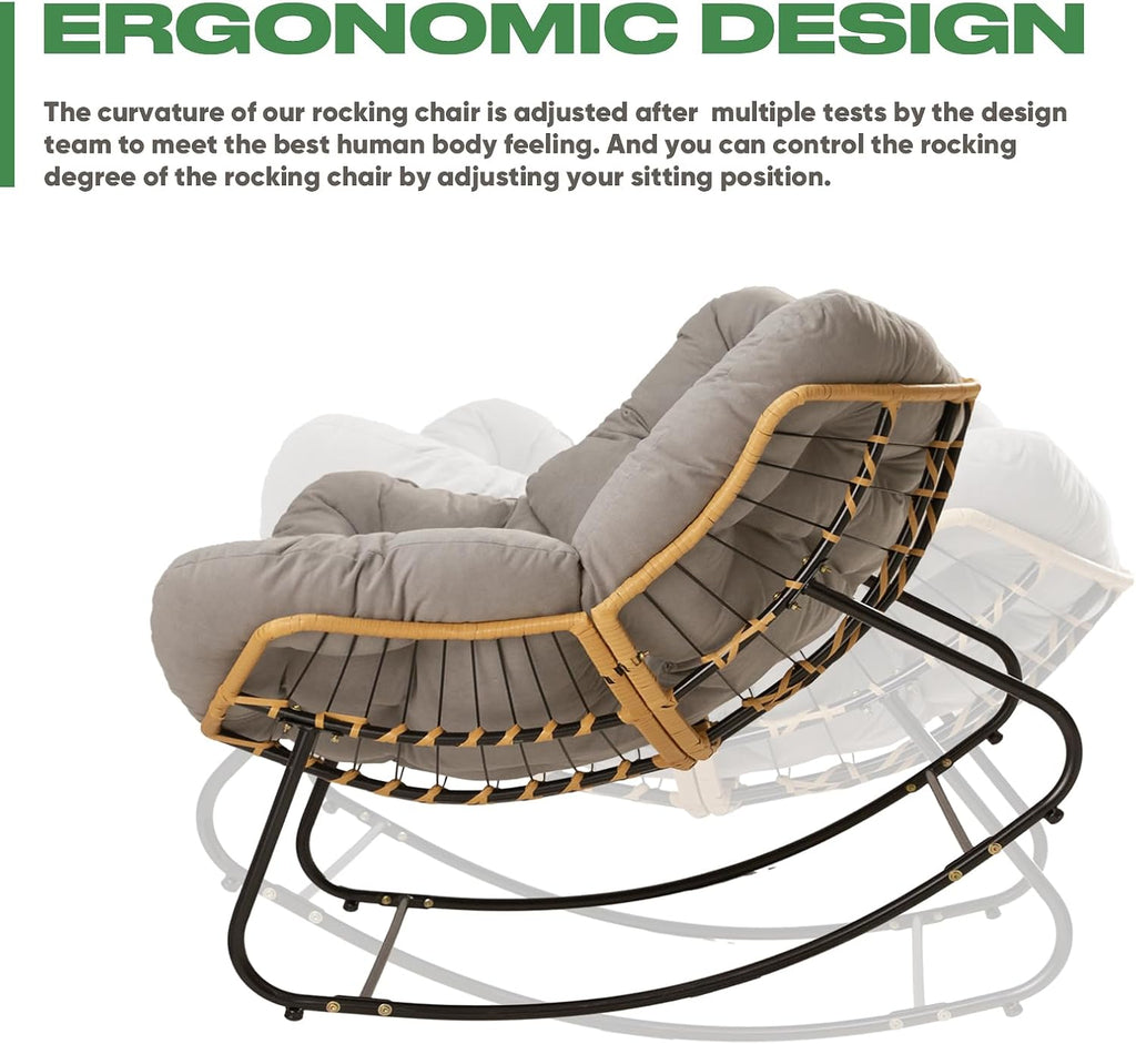 Papasan Chair with Cushion, Oversized Outdoor Rocking Chair, Patio Egg Chair Outdoor, Wicker Modern Cozy Comfy Chair for Bedroom, Living Room, Garden, Balcony, Lawn, Light Grey