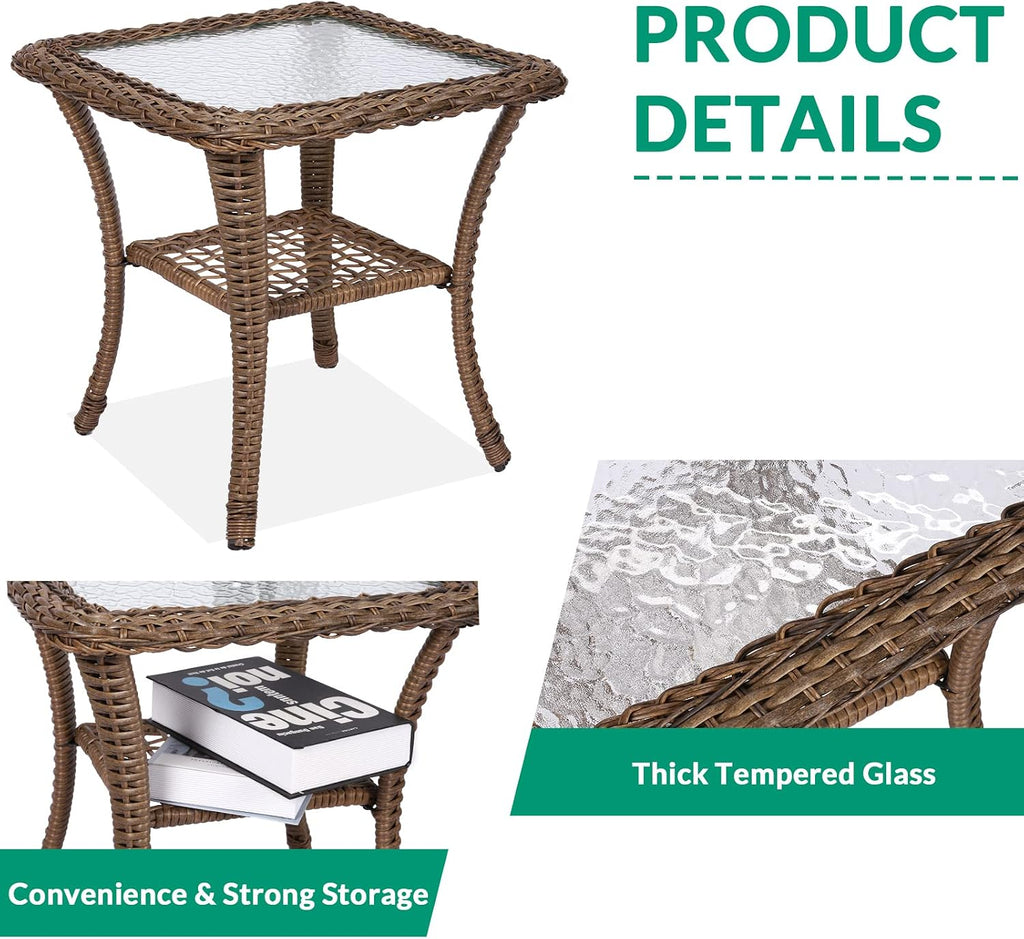 VIVIJASON 3-Piece Outdoor Conversation Bistro Set, Patio Swivel Glider Rocking Chairs Rattan Furniture Sets w/ 2 Rattan Chairs, Cushions, Glass Top Side Table for Porch Backyard, Light Brown