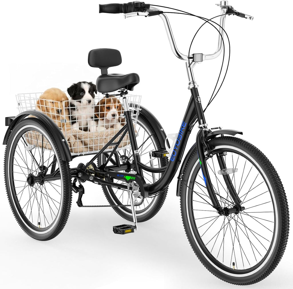 MOPHOTO Adult Tricycle 7 Speed, 20/24/26 Inch Low Step-Through Adult Trike with Large Rear Basket, 350 lbs Capacity 3 Wheel Bike for Seniors, Women and Men