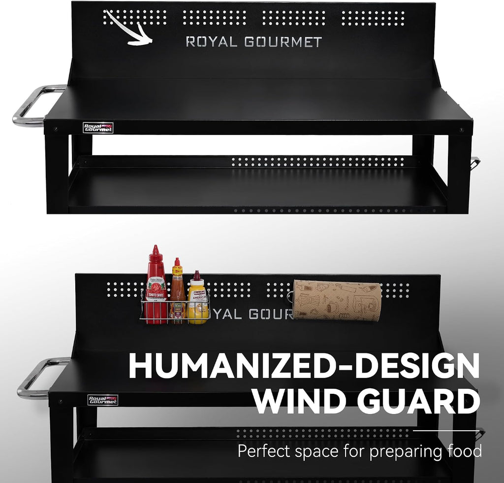 Royal Gourmet PC4401B 3-Tier Dining Cart with Wind Guard, Sturdy Structure and Ample Storage Shelves, for Indoor & Outdoor use，with Bottle Opener, Hooks, Wine Rack, Multifunctional Side Handle, Black